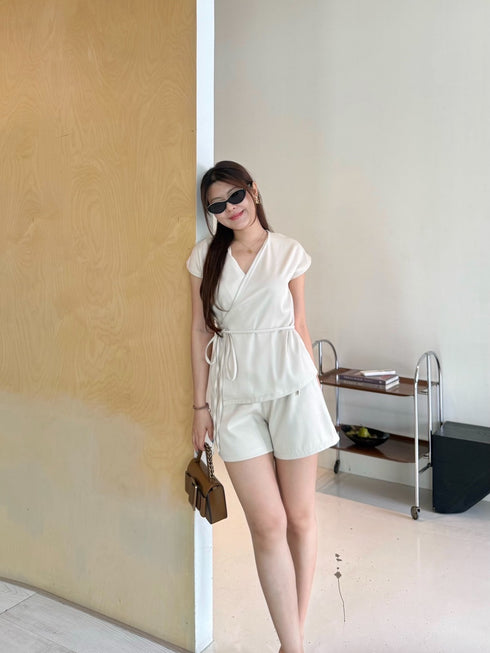 Summer Casual Wrap Tie Tops With Short Sets